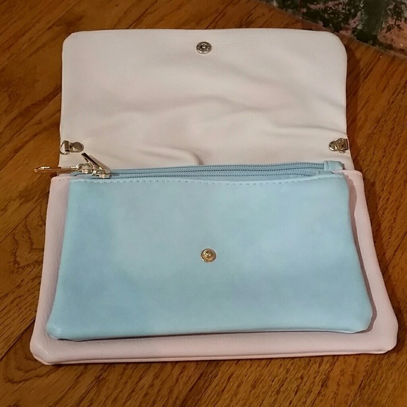 White blue pink double zip large clutch bag faux leather - Picture 2 of 3